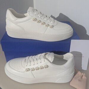 Stuart Weitzman $395 Italy Courtside Leather Crystalized Faux Pearl Sneakers